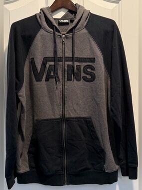 Vans Full Zip Hoodie Mens L Gray Black Logo Waffle Thermal Streetwear 🛹